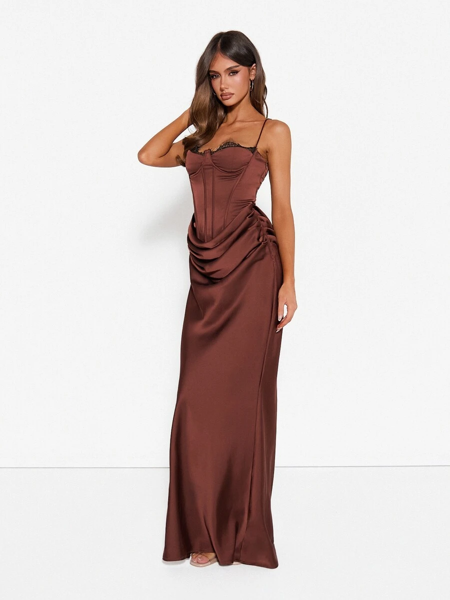 MISSGUIDED Satin Corset Dress With Sweetheart Neckline Lace Trim Boning Detail Side Drape Mermaid Hem Formal Evening Gown - Coffee Brown - View 1