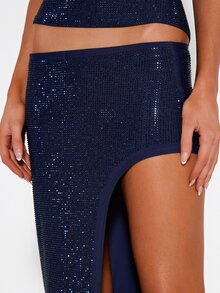 MISSGUIDED Rhinestone Embellished Skirt With High Front Slit Bodycon Pencil Style Party Evening Occasion Sparkle Long Skirt - Navy Blue - View 4