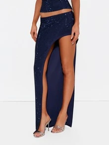 MISSGUIDED Rhinestone Embellished Skirt With High Front Slit Bodycon Pencil Style Party Evening Occasion Sparkle Long Skirt - Navy Blue - View 1