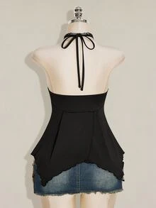 SHEIN ICON 女款純色鏤空裝飾休閒哥德風性感百搭日常穿搭掛脖上衣，黑色夏季萬聖節夜店外出穿搭 - 黑色 - 查看 3