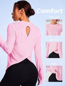 Sovereign Charm Soft Pink Autumn Cross Wrap Hollow Back Sports T-Shirt Workout Long Sleeve Curve Activewear Open Back Gym Athletic Shirt Athleisure Workout Tops - Pink - View 4