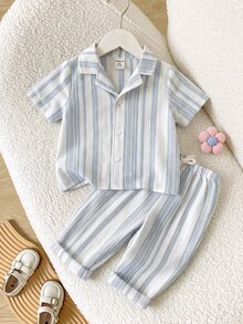 SHEIN LMoss Kids 男婴条纹休闲衬衫和裤子两件套 - 藍色 - 查看 1