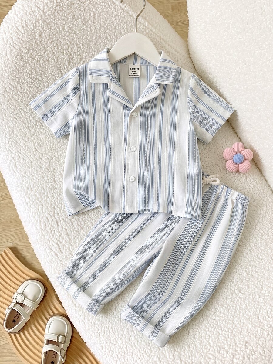 SHEIN LMoss Kids 男婴条纹休闲衬衫和裤子两件套 - 藍色 - 查看 1