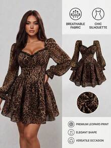 Sweetra Plus Size Women's Casual Commute Minimalist Leopard Print Chiffon Long Sleeve Dress, Autumn/Winter Fall - Multicolor - View 1