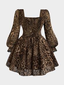 Sweetra Plus Size Women's Casual Commute Minimalist Leopard Print Chiffon Long Sleeve Dress, Autumn/Winter Fall - Multicolor - View 2
