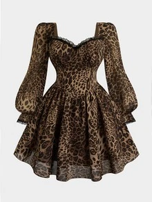 Sweetra Plus Size Women's Casual Commute Minimalist Leopard Print Chiffon Long Sleeve Dress, Autumn/Winter Fall - Multicolor - View 9