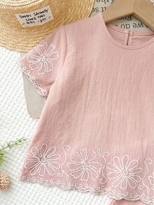 SHEIN LMoss Kids 女童花卉刺繡短袖上衣與長褲休閒套裝 - 粉色 - 查看 5