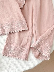 SHEIN LMoss Kids 女童花卉刺繡短袖上衣與長褲休閒套裝 - 粉色 - 查看 4