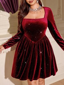 EMERY ROSE Elegant Lady Elegant Velvet With Glitter Long Sleeve Waist-Cinching Plus Size Women's Dress For Party Cocktail, Date, Gathering,Christmas,Winter/Fall - Burgundy - View 4