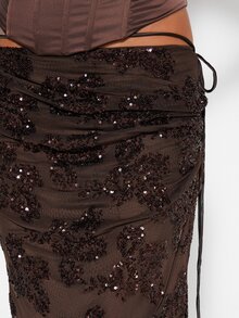 MISSGUIDED Sequin Floral Maxi Skirt With Ruched Side Ties Bodycon Silhouette Floor Length Evening Party Holiday Glam - Black - View 4