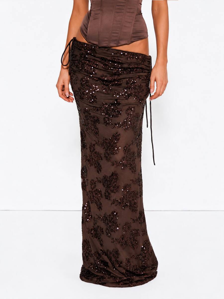 MISSGUIDED Sequin Floral Maxi Skirt With Ruched Side Ties Bodycon Silhouette Floor Length Evening Party Holiday Glam - Black - View 1