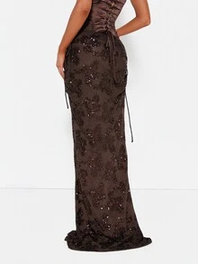 MISSGUIDED Sequin Floral Maxi Skirt With Ruched Side Ties Bodycon Silhouette Floor Length Evening Party Holiday Glam - Black - View 2