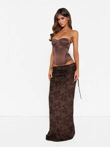 MISSGUIDED Sequin Floral Maxi Skirt With Ruched Side Ties Bodycon Silhouette Floor Length Evening Party Holiday Glam - Black - View 5