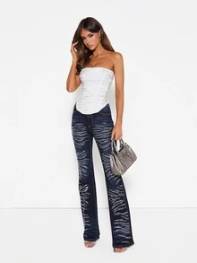 MISSGUIDED Strapless Rhinestone Embellished Corset Top With Wave Crystal Detail Structured Boned Bodice Crop - Apricot - View 3