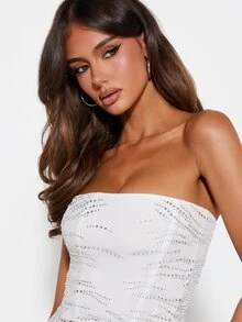 MISSGUIDED Strapless Rhinestone Embellished Corset Top With Wave Crystal Detail Structured Boned Bodice Crop - Apricot - View 6