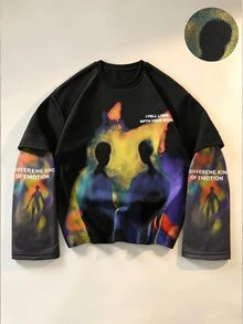 ROMWE MEN Portrait Print Pattern 2 In 1 Loose Long Sleeve T-Shirt - Black - View 7
