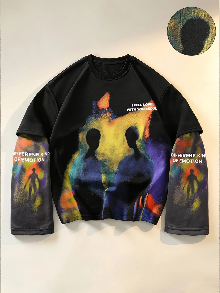 ROMWE MEN Portrait Print Pattern 2 In 1 Loose Long Sleeve T-Shirt - Black - View 1