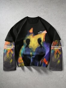 ROMWE MEN Portrait Print Pattern 2 In 1 Loose Long Sleeve T-Shirt - Black - View 1
