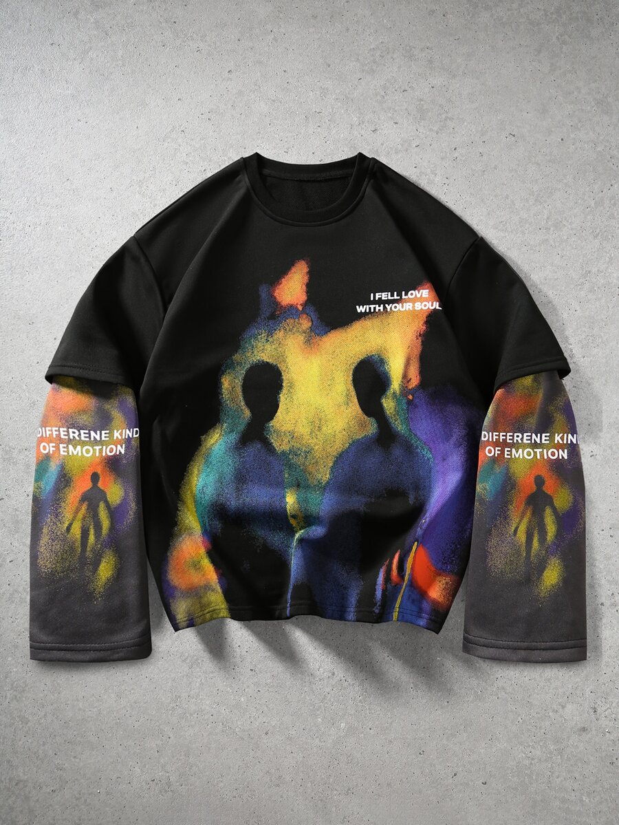ROMWE MEN Portrait Print Pattern 2 In 1 Loose Long Sleeve T-Shirt - Black - View 1