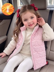 SHEIN 幼童女嬰加厚背心 可愛甜美粉色 絎縫愛心圖案 抓絨內裡 無袖立領 冬季節日保暖外套 - 粉色 - 查看 7