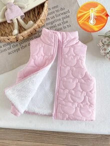 SHEIN 幼童女嬰加厚背心 可愛甜美粉色 絎縫愛心圖案 抓絨內裡 無袖立領 冬季節日保暖外套 - 粉色 - 查看 3