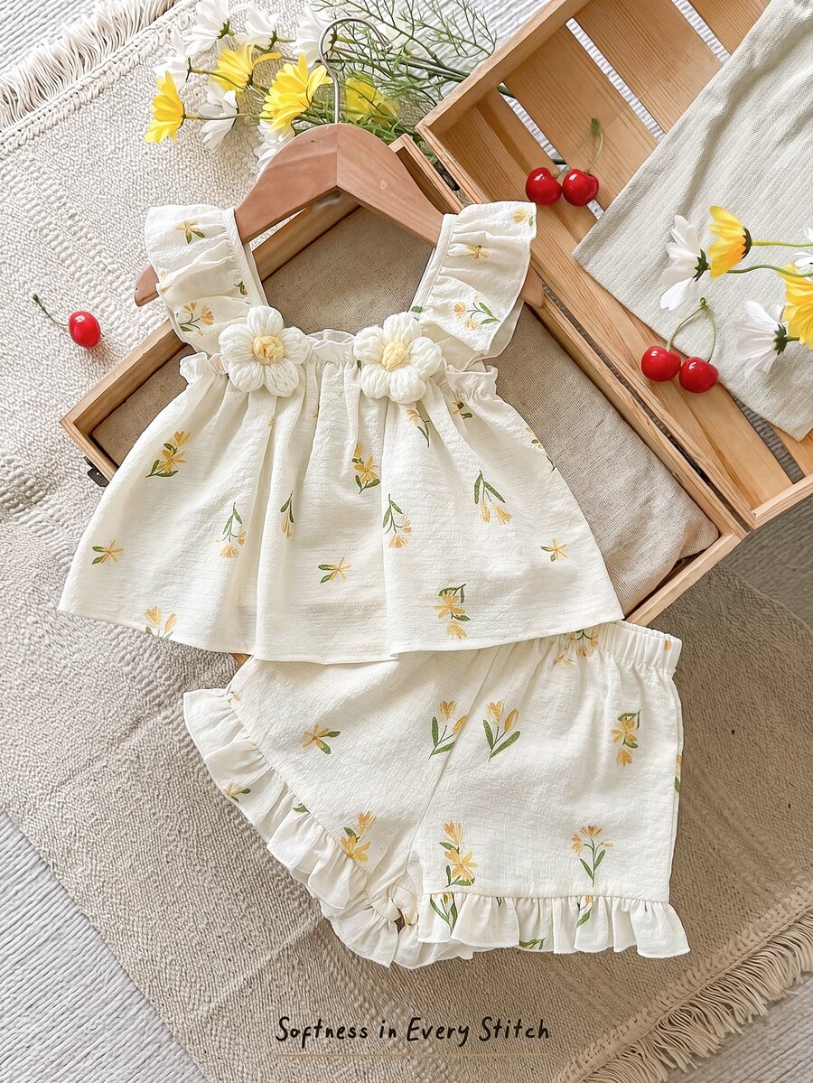SHEIN LMoss Kids 女婴时尚可爱印花背心短裤套装 - 彩色 - 查看 1