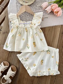 SHEIN LMoss Kids 女婴时尚可爱印花背心短裤套装 - 彩色 - 查看 2