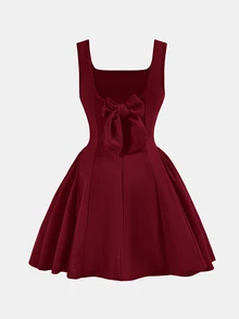 Firerie Kids Tween Girls' Elegant & Cute Square Neck A-Line Patchwork Dress, Burgundy, With Large Bow Back - Burgundy - View 2