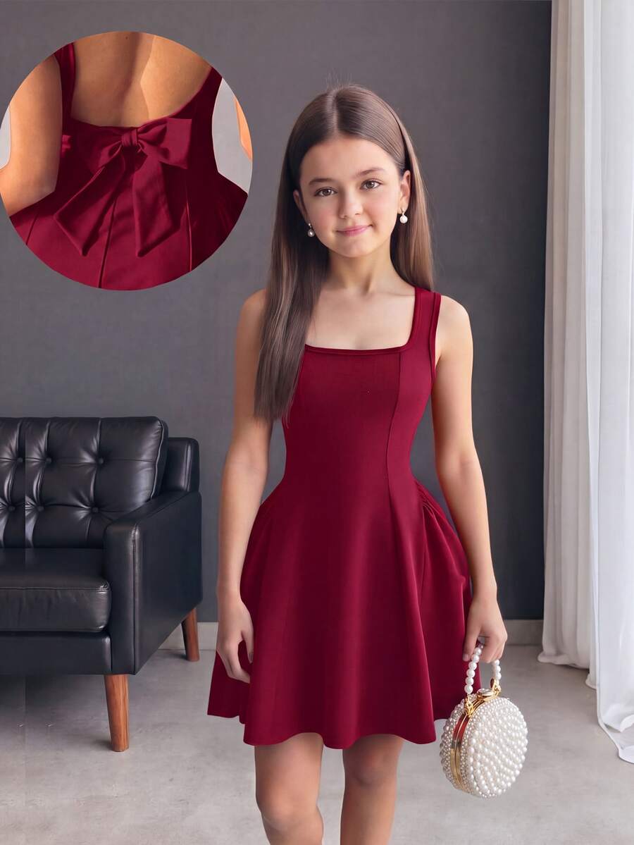 Firerie Kids Tween Girls' Elegant & Cute Square Neck A-Line Patchwork Dress, Burgundy, With Large Bow Back - Burgundy - View 1
