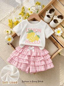 SHEIN LMoss Kids Baby Girl Casual Daily Comfortable Knit Solid Color Crew Neck T-Shirt And Plaid Casual Shorts 2-Piece Set - Baby Pink - View 1