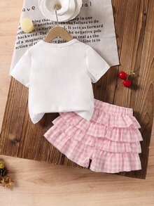 SHEIN LMoss Kids Baby Girl Casual Daily Comfortable Knit Solid Color Crew Neck T-Shirt And Plaid Casual Shorts 2-Piece Set - Baby Pink - View 2