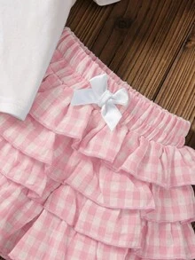 SHEIN LMoss Kids Baby Girl Casual Daily Comfortable Knit Solid Color Crew Neck T-Shirt And Plaid Casual Shorts 2-Piece Set - Baby Pink - View 5