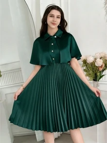 SHEIN Teen Girls Vintage Streetwear Casual Junior Cute Katseye Back To School Pleated Dress /Set Birthday Party Holiday Formal Gray Summer - Dark Green - View 4