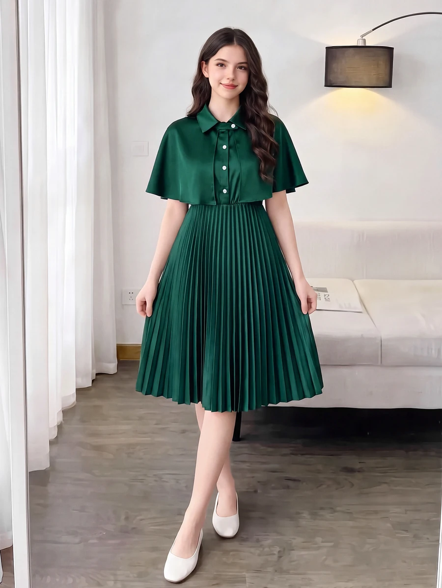 SHEIN Teen Girls Vintage Streetwear Casual Junior Cute Katseye Back To School Pleated Dress /Set Birthday Party Holiday Formal Gray Summer