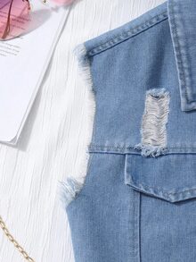 SHEIN 青少年女孩夏季休閒破洞牛仔背心與黑色無袖緊身羅紋針織洋裝 2 件套裝 磨損毛邊學院風套裝 - 黑色 - 查看 8