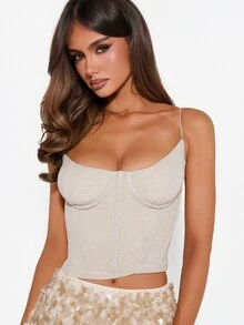 MISSGUIDED Shimmer Lurex Sweetheart Neckline Corset Crop Top With Halter Straps And Boning Panel Details For Night Out - Apricot - View 4