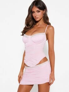 MISSGUIDED Ruched Bodycon Mini Dress With Pearl Rhinestone Embellishment Trim Sweetheart Bustier Spaghetti Strap Party Evening Summer - Baby Pink - View 2