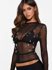 MISSGUIDED Sheer Mesh Long Sleeve High Neck Top With Crystal Rhinestone Embellishments Evening Night Out Party Bodycon Style - Black - View 5