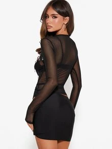 MISSGUIDED Sheer Mesh Long Sleeve High Neck Top With Crystal Rhinestone Embellishments Evening Night Out Party Bodycon Style - Black - View 2