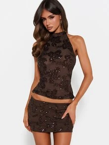 MISSGUIDED Sequin Floral Halter Neck Crop Top With Open Back Tie Detail Sleeveless Party Night Out Holiday - Coffee Brown - View 1