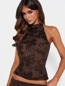 MISSGUIDED Sequin Floral Halter Neck Crop Top With Open Back Tie Detail Sleeveless Party Night Out Holiday - Coffee Brown - View 5