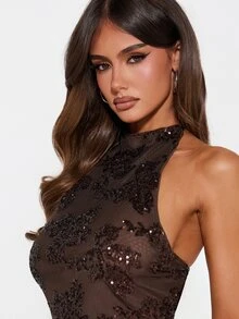 MISSGUIDED Sequin Floral Halter Neck Crop Top With Open Back Tie Detail Sleeveless Party Night Out Holiday - Coffee Brown - View 4