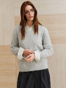 MOTF PREMIUM V-NECK BRUSHED COZY COMFORTABLE LONG SLEEVE VERSATILE SWEATER - Grey - View 5