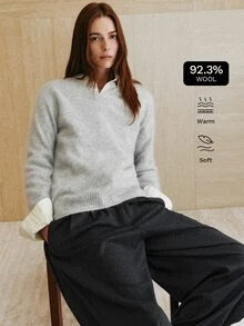 MOTF PREMIUM V-NECK BRUSHED COZY COMFORTABLE LONG SLEEVE VERSATILE SWEATER - Grey - View 1