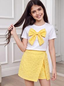 SHEIN 青少年女孩 2件組圓領蝴蝶結裝飾短袖T恤與提花包臀開衩裙褲套裝，可愛女孩旅行度假風，白色與奶油黃夏季款 - 黃色 - 查看 1