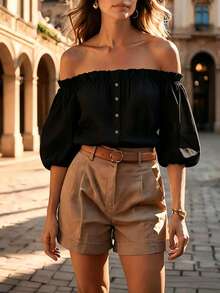 Balvessa Blusa de mujer con hombros descubiertos, de estilo francés, de manga de pétalo y de un solo botonadura - Negro - Ver 2