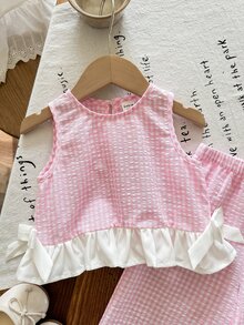 SHEIN LMoss Kids 女婴夏季可爱粉色和白色格子荷叶边背心和宽松松紧腰长裤两件套 - 粉色 - 查看 3