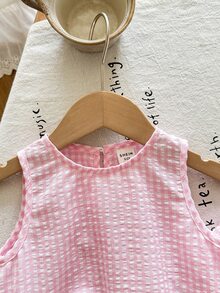SHEIN LMoss Kids 女婴夏季可爱粉色和白色格子荷叶边背心和宽松松紧腰长裤两件套 - 粉色 - 查看 4