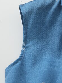 SHEIN Tween Girls Blue And White Short Sleeve Shirt Collar Casual Tropical Cute Elegant Jumpsuit, Loose Leg, Spring And Summer Party Beach Vacation Birthday - Blue - View 10