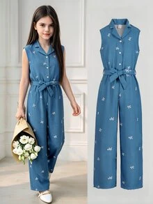 SHEIN Tween Girls Blue And White Short Sleeve Shirt Collar Casual Tropical Cute Elegant Jumpsuit, Loose Leg, Spring And Summer Party Beach Vacation Birthday - Blue - View 2